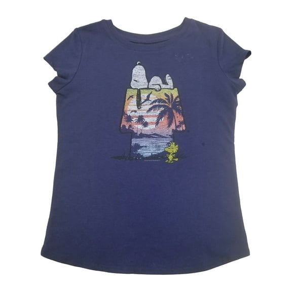 Peanuts Girls Snoopy & Woodstock Dog House Navy Blue Tee Shirt T-Shirt 6x