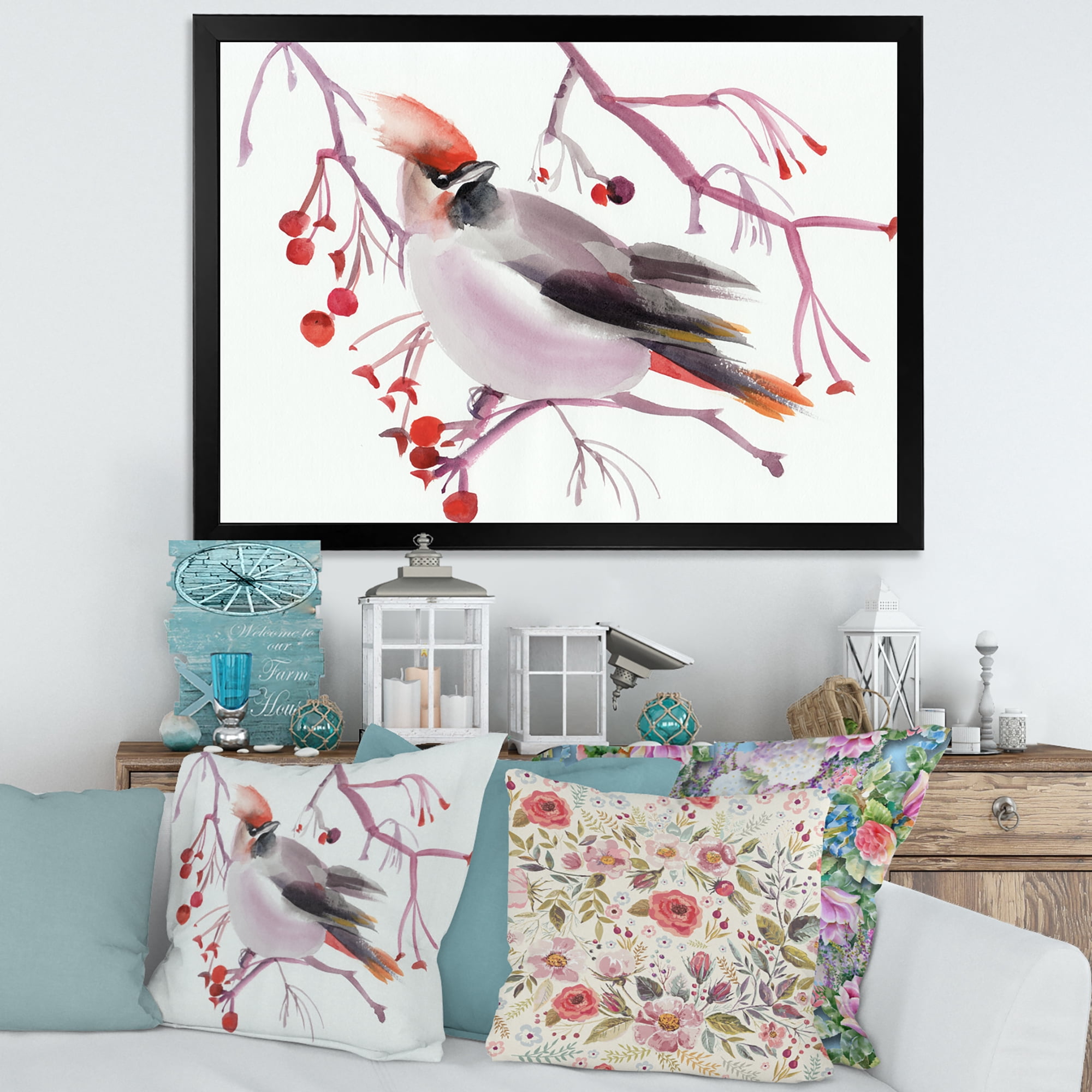 Designart 'Waxwing Bird Sitting On A Branch' Traditional Framed Art Print