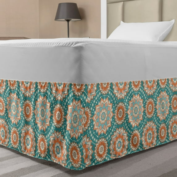 Lotus Bed Skirt, Mandala Motifs of the Oriental Cultures with Bohemian Inspired Flower, Elastic Bedskirt Dust Ruffle Wrap Around for Bedding Decor, 4 Sizes, Pale Blue Beige Peach, by Ambesonne