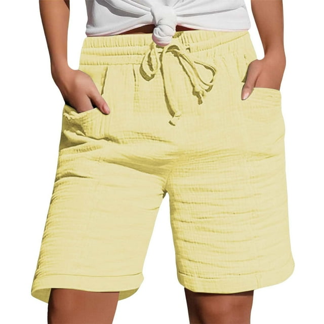 QATAINLAV Women's Casual Lightweight Linen Shorts with Pockets Drawstring Mid Rise Straight Leg Beach Shorts Yellow XL Summer Savings