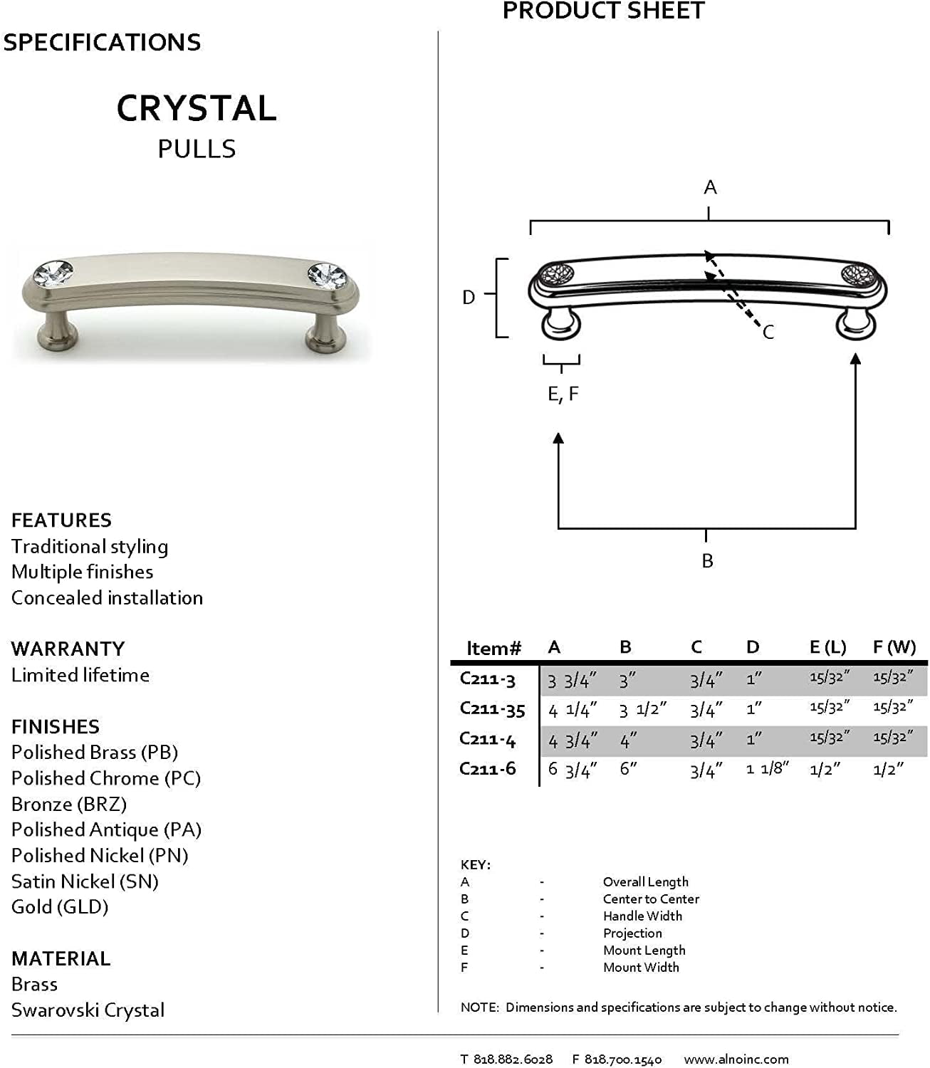 Alno C211-4-GLD Swarovski Crystal 4" Cabinet Pull Gold