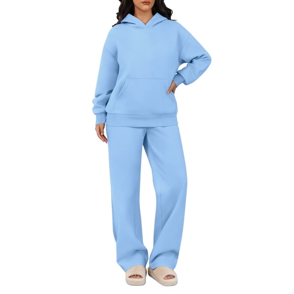 Hogleaql Womens Hoodie Sweatsuit 2 Piece Solid Color Fleece Pullover Hoodies Joggers Sport Pants Set Relaxed Fit Winter Suit with Pockets Sky Blue XL