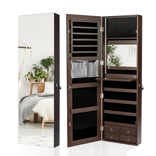 Gymax Wall Door Mounted Jewelry Armoire with 96 LED Lights and Makeup Rack, Brown
