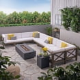 thumbnail image 2 of GDF Studio Keith Outdoor Acacia Wood 10 Seater Sectional Sofa Set with Fire Pit, Gray, White, and Dark Gray, 2 of 14