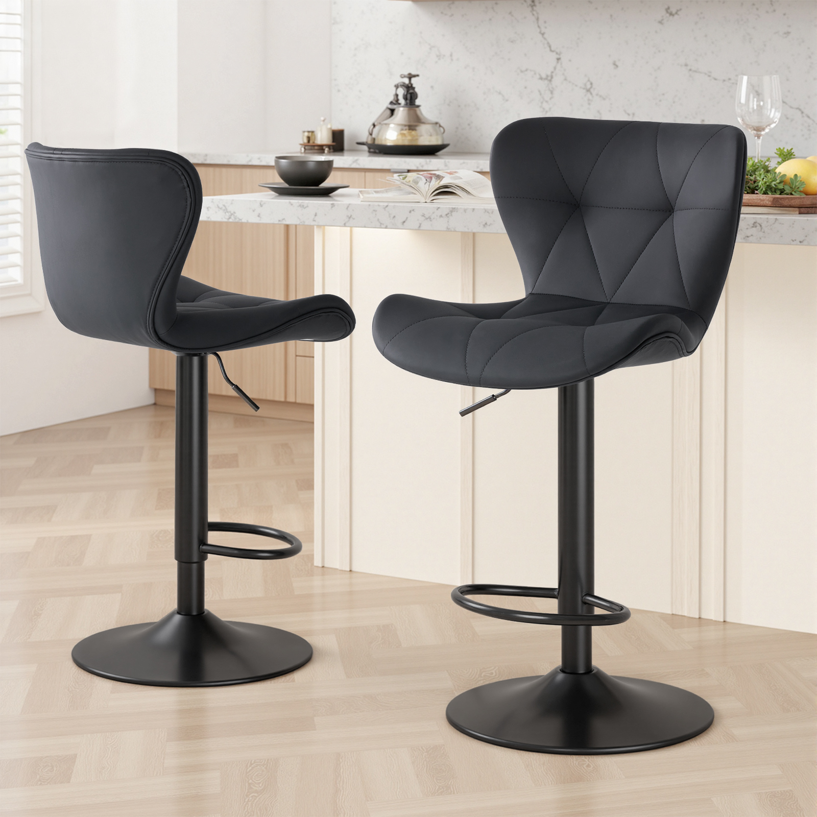 EDX Bar Stools Set of 2, Modern Adjustable Armless Swivel Counter Stools with PU Leather, Black