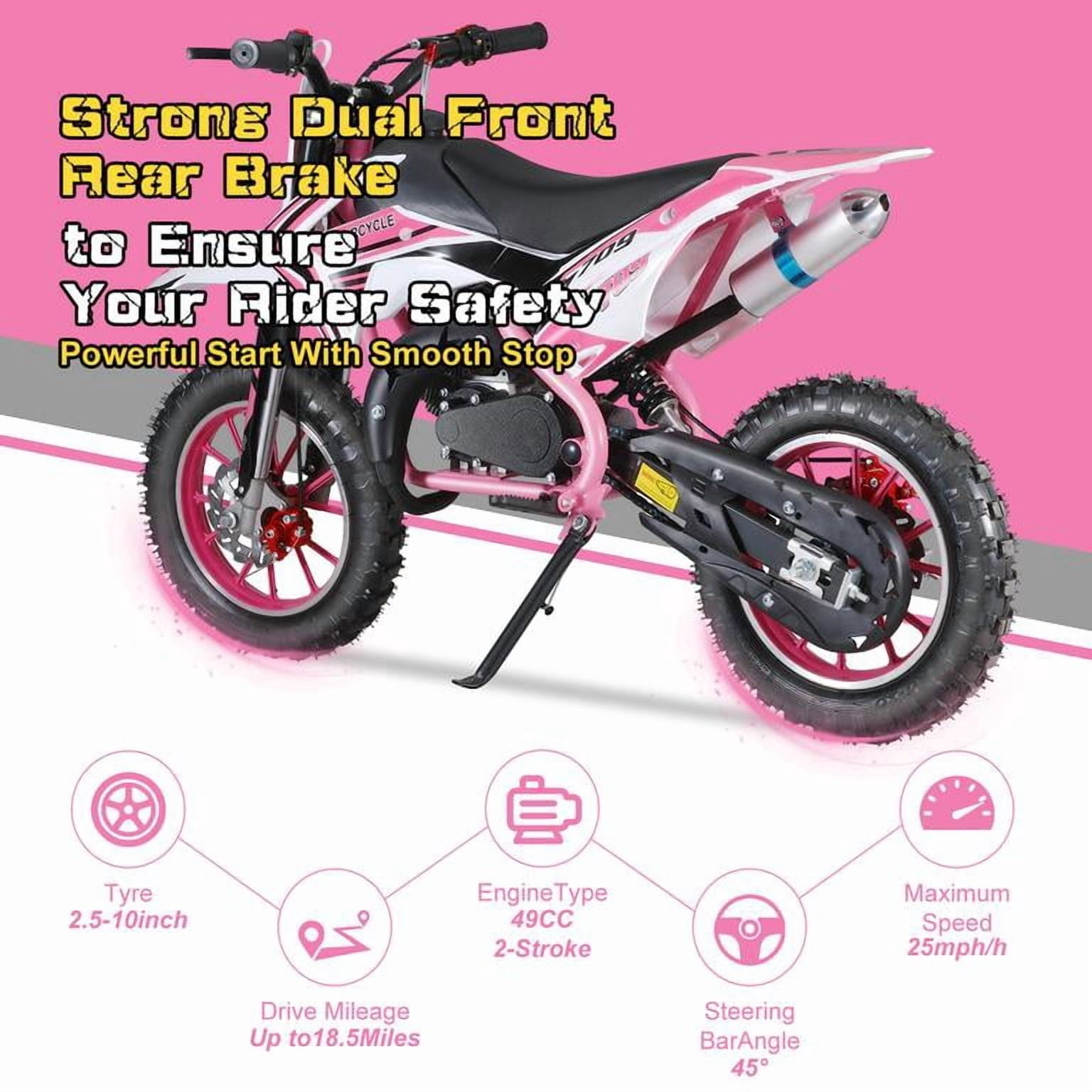 Mohsoe Kids Gas Dirt Bike 49cc 2-Stroke, 10 Inch Anti-Slip Tires with Shock Springs, Alloy Handlebars One Click Start, 30KM/H Max Speed, 25:1 Mixed Fuel, 150kg Capacity, 47 Inch
