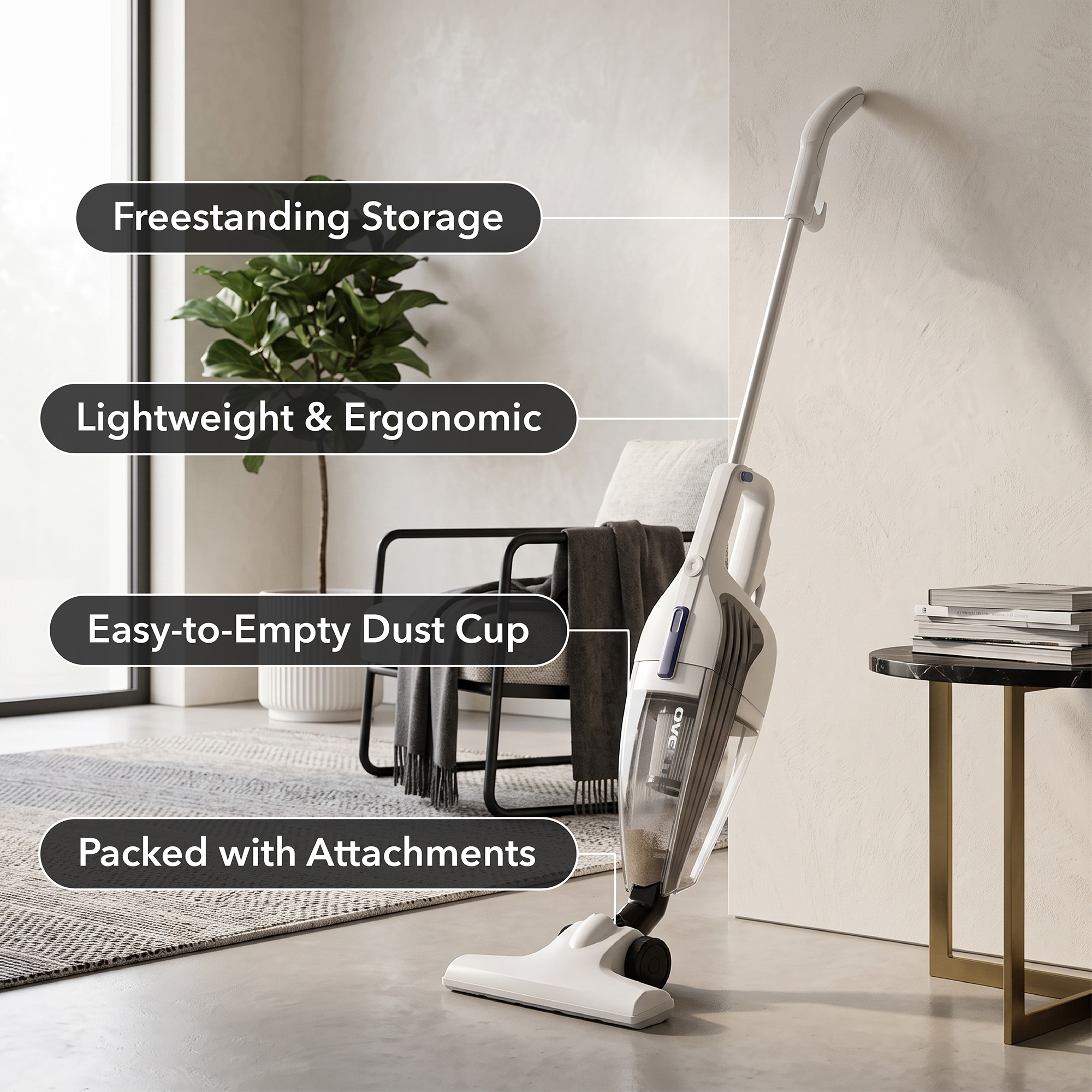 OVENTE Electric Corded Stick Vacuum, 600W Motor, White ST101WP | Powerful Suction, Handheld Lightweight Bagless Multi-Surface Cleaner for Home, Includes Floor Brush and Crevice Nozzle Tool