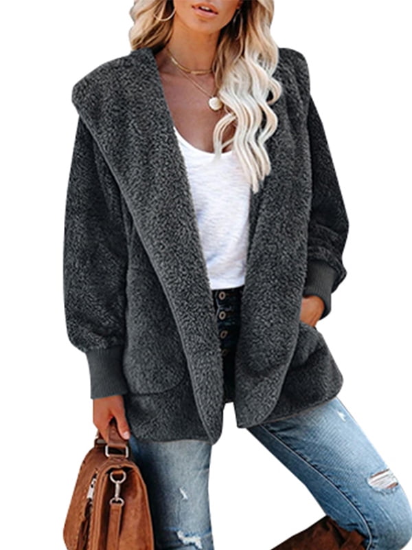Hoodies For Women Pullover Furry Fleece Long Sleeve Sweatshirt Open Front Cardigan Button Hooded Coat Outwear 
