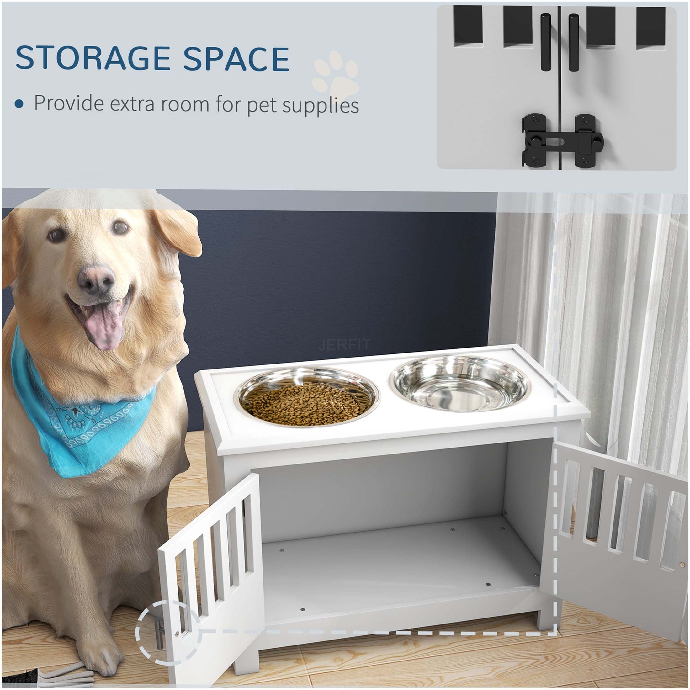 JERFIT Elevated Dog Feeder Stand with Storage Cabinet, 37L Pet Food Organizer, Raised Stainless Steel Bowls for Large Dogs, White