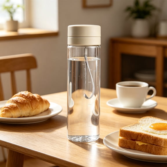 Cififendec Portable Lanyard Water Bottle, 600ml, BPA-Free Leak-Proof Transparent Sports Bottle with Filter for Gym, Office, School and Daily Use, Beige