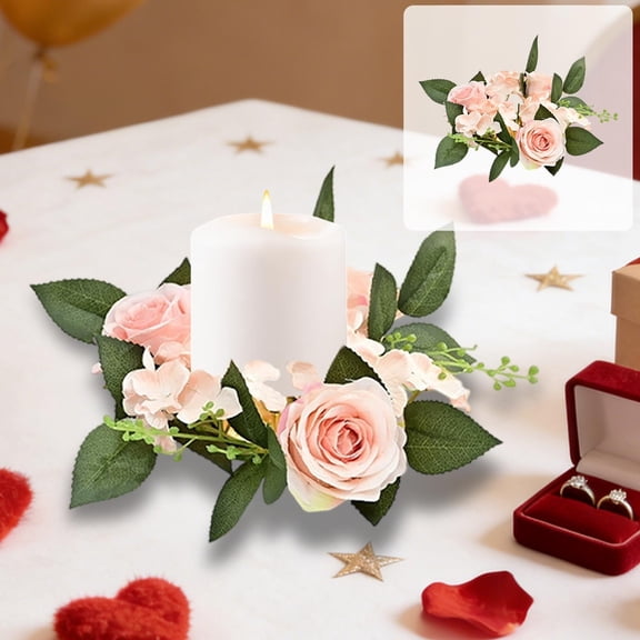 Byujiro Romantic Faux Rose Candle Ring Floral Wreath for Table Centerpieces, Valentine's Day & Home Decor