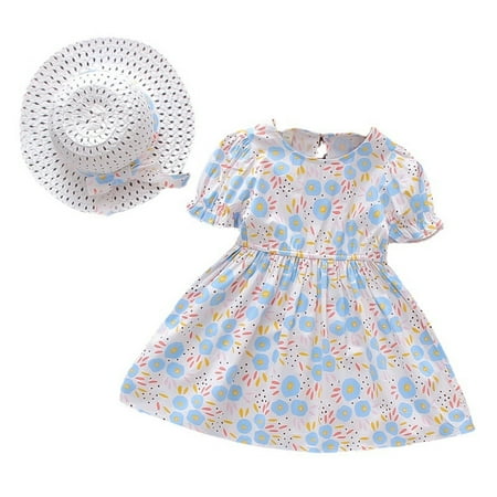 

Little Girl Dress Beach Print Toddler Kids Girls Baby Clothes Hat Outfits Summer Floral Princess Girls Skirt