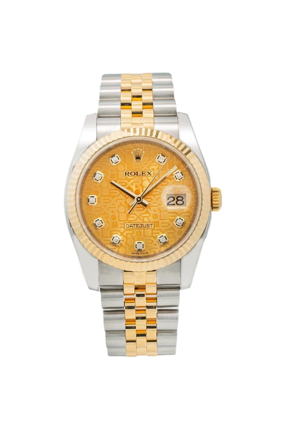 Pre-Owned Rolex Datejust 36MM 116233 Champagne Pattern Diamond Dial Fluted Bezel Two Tone Yellow Gold Jubilee Bracelet