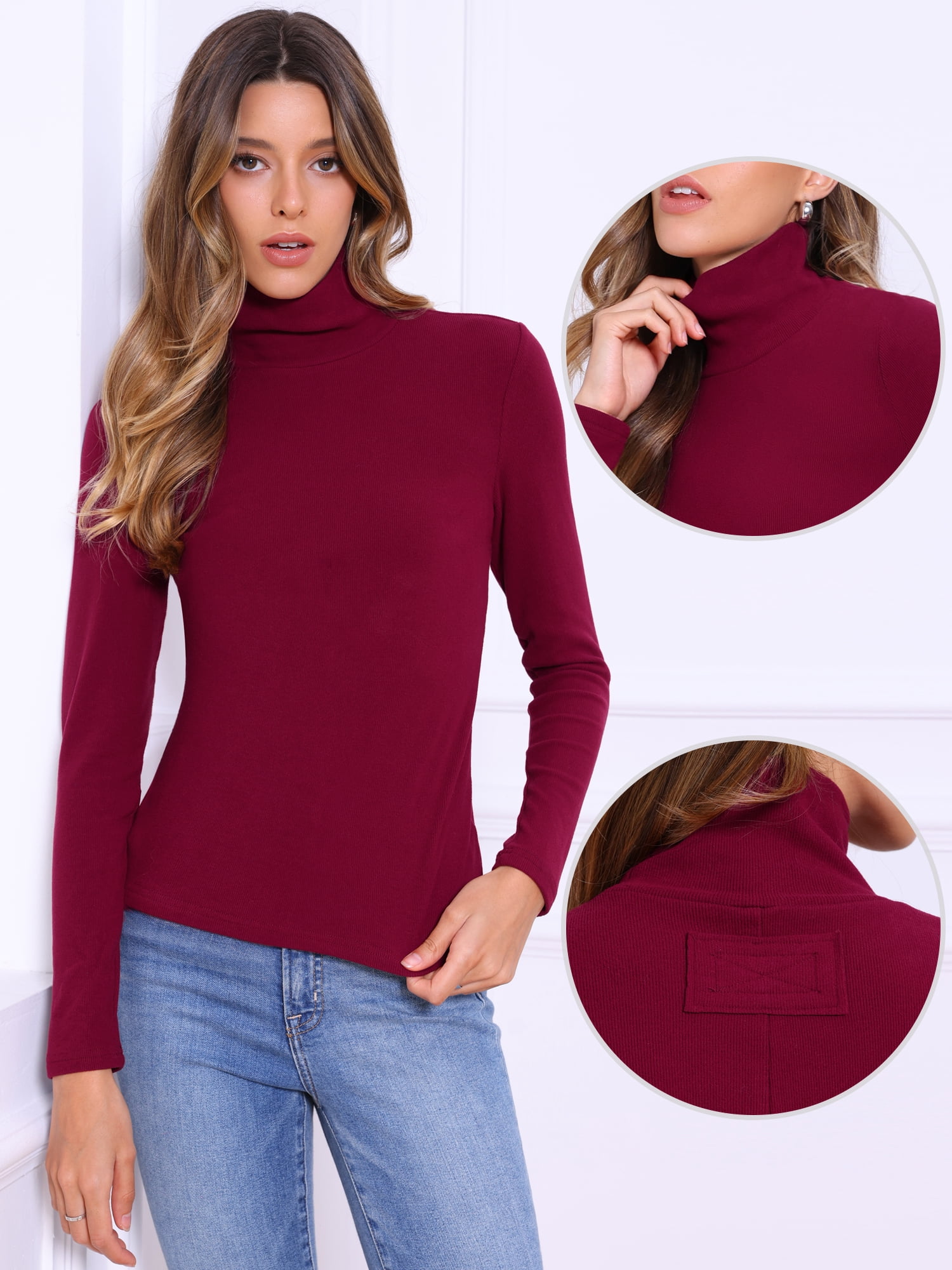 DARING DIVA Women's Mock Turtleneck Long Sleeve Fitted Pullover Sweater L Wine Red