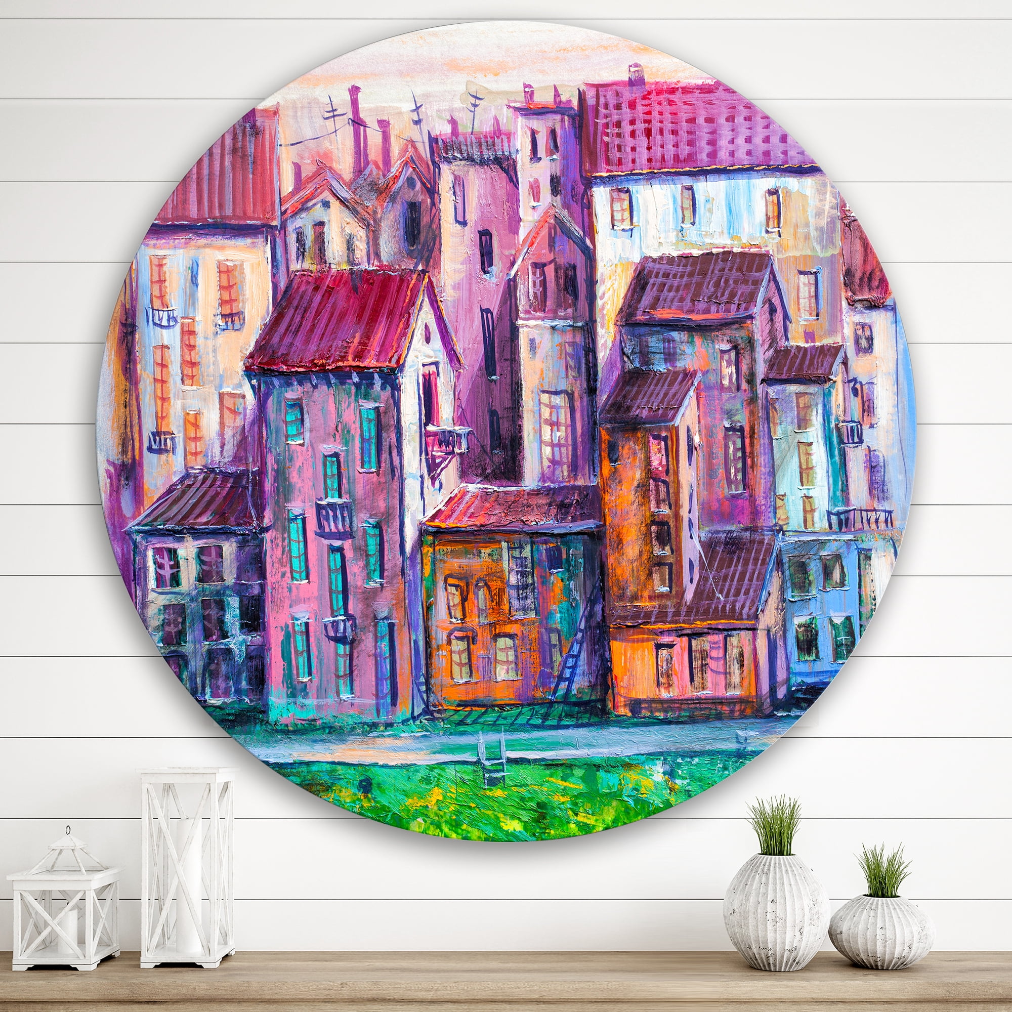Designart 'Street With Colorful Old Homes Landscape' Modern Circle Metal Wall Art 36x36 - Disc of 36