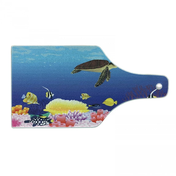 Ocean Cutting Board, Modern Cartoon Deep Sea Nautical Navy Aquarium Fish Turtle Rocks Moss Art Print, Decorative Tempered Glass Cutting and Serving Board, Wine Bottle Shape, Multicolor, by Ambesonne
