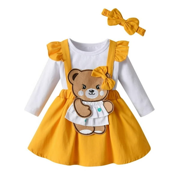Infant Baby Girl Bear Style Clothes Short Sleeve T-Shirt Tops Strap Short Skirt Summer Outfits Yellow 0-3 Months