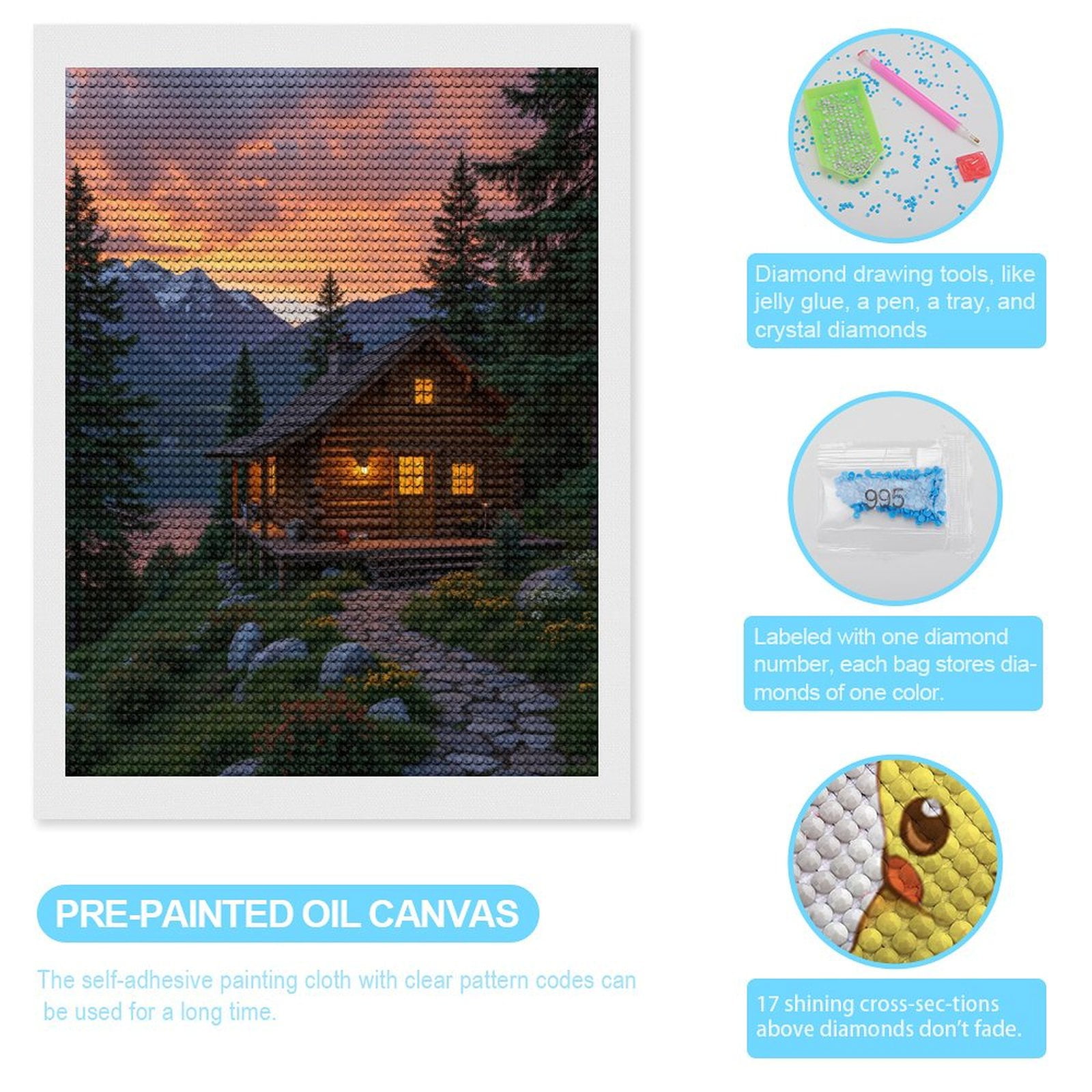 Diamond Art Kits for Adults - Log Cabin Mountain Sunset Scene 5d Diamond Painting for Adults, Diamond Art for Adults Beginners, Frameless Diamond Painting Kits for Adults for Home Wall Decor