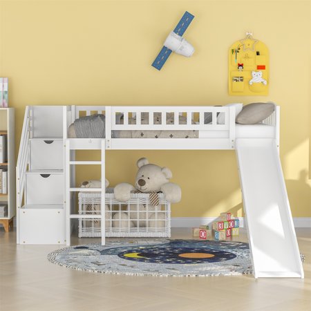 Twin Loft Bed with 2 Drawers and Slide  Wood Twin Loft Bed Frame with Handrails  Storage Stairway and Full-Length Guardrails  Large Under-Bed Space  No Box Spring Needed  White
