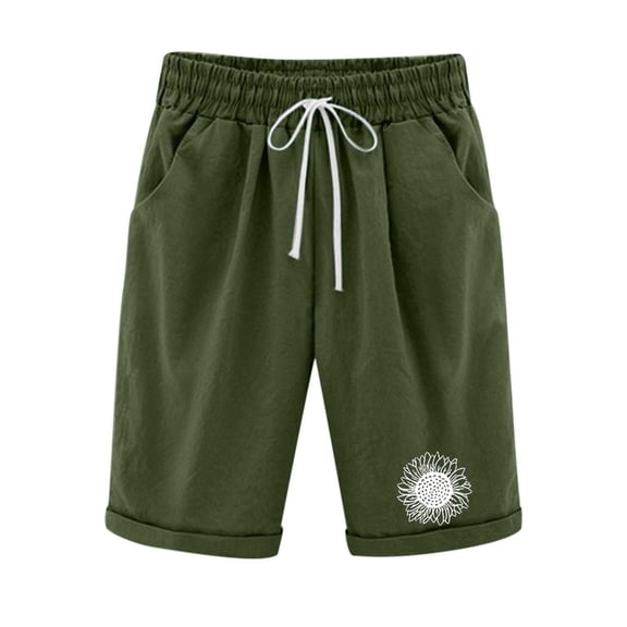 WREESH Womens Summer Shorts Print Cotton Linen Shorts Casual Shorts Olive Green