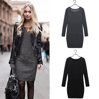 

Women s Round Collar Thick Dress Long Sleeve Solid Color Thermal One-Piece Clothes