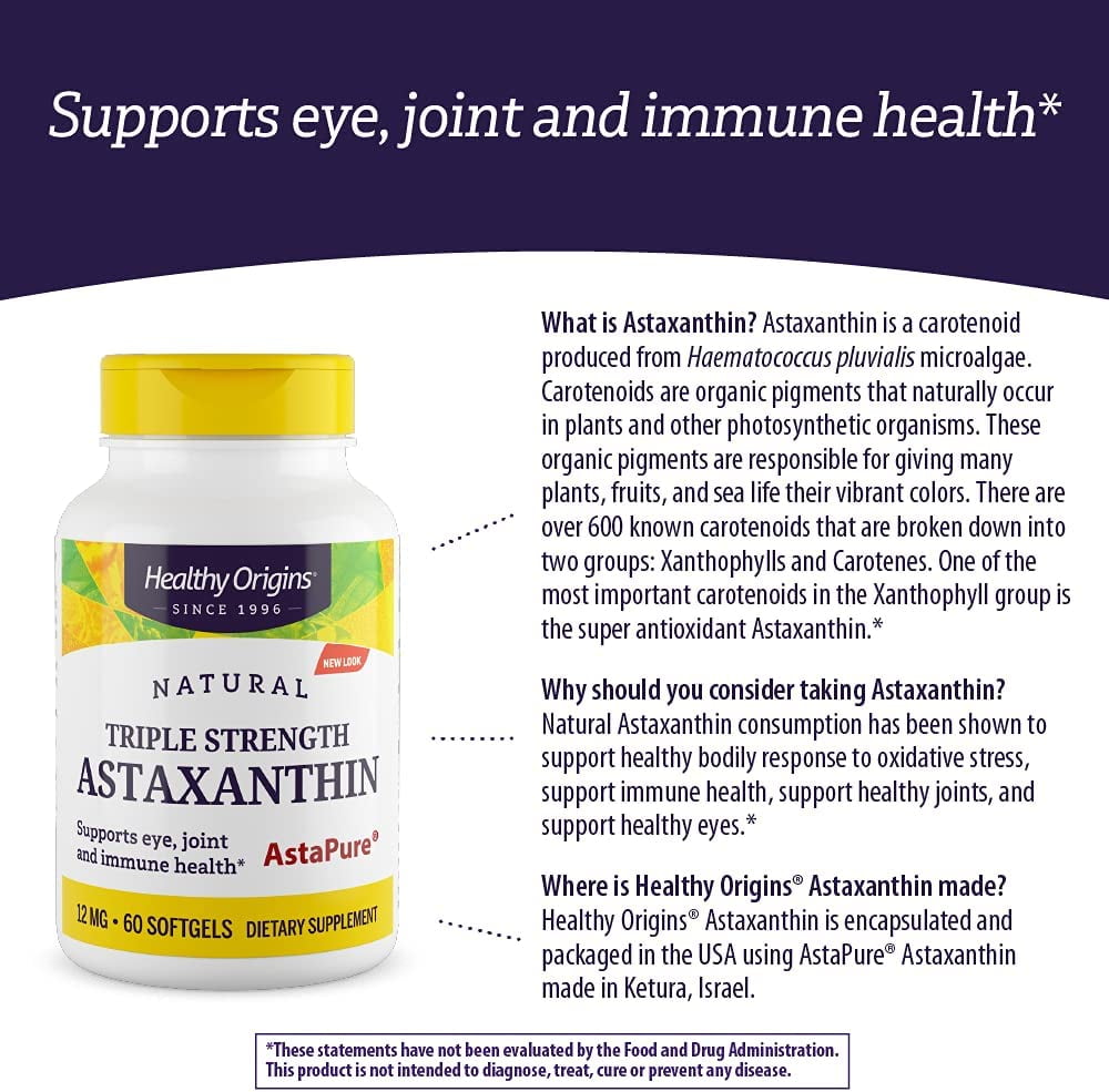 Healthy Origins Astaxanthin Triple Strength Softgels, 12 Mg, 60 Ct