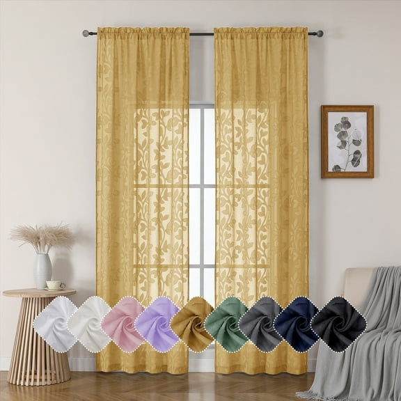 OVZME Darla Gold Sheer Curtains 96 Inches Long 2 Panels, Light Filtering Soft Lightweight Extra Long Living Room Curtains with Clip Jacquard Leaf, Farmhouse Window Curtains for Bedroom, 42Wx96L