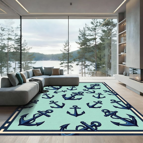 ODIKA 4' x 6' Machine Washable Non-Slip Area Rug, beachy print High Traffic Rug, Blue, 1145195