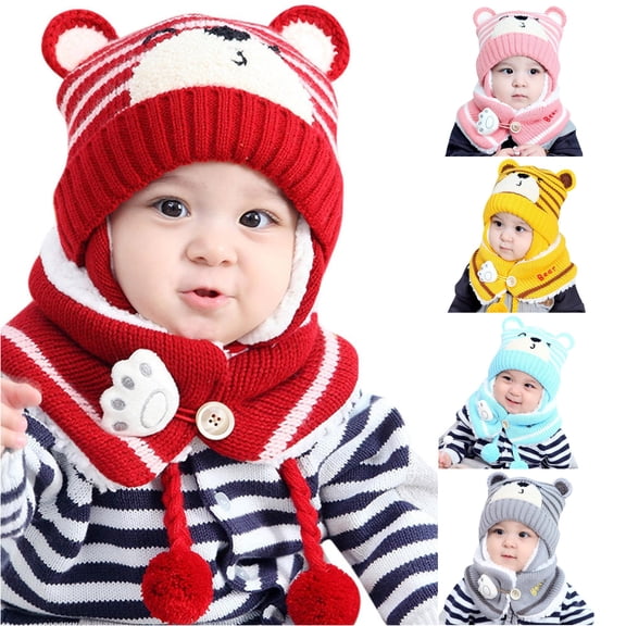 QTSHPN Warm Winter Hat Kids Baby Boy Girl Winter Hat Toddler Bear Ear Cap Hat with Scarf Lined Knitted Cap Neck Warmer Kids Winter Hat Warm