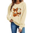 thumbnail image 2 of Mifsaly Womens Vintage Pumpkin Ghost Graphic Crewneck Sweatshirt Long Sleeve Fall Pullover Top Spooky Bow Print Casual Comfy Shirt for Autumn Season Halloween Party Beige,XL, 2 of 5