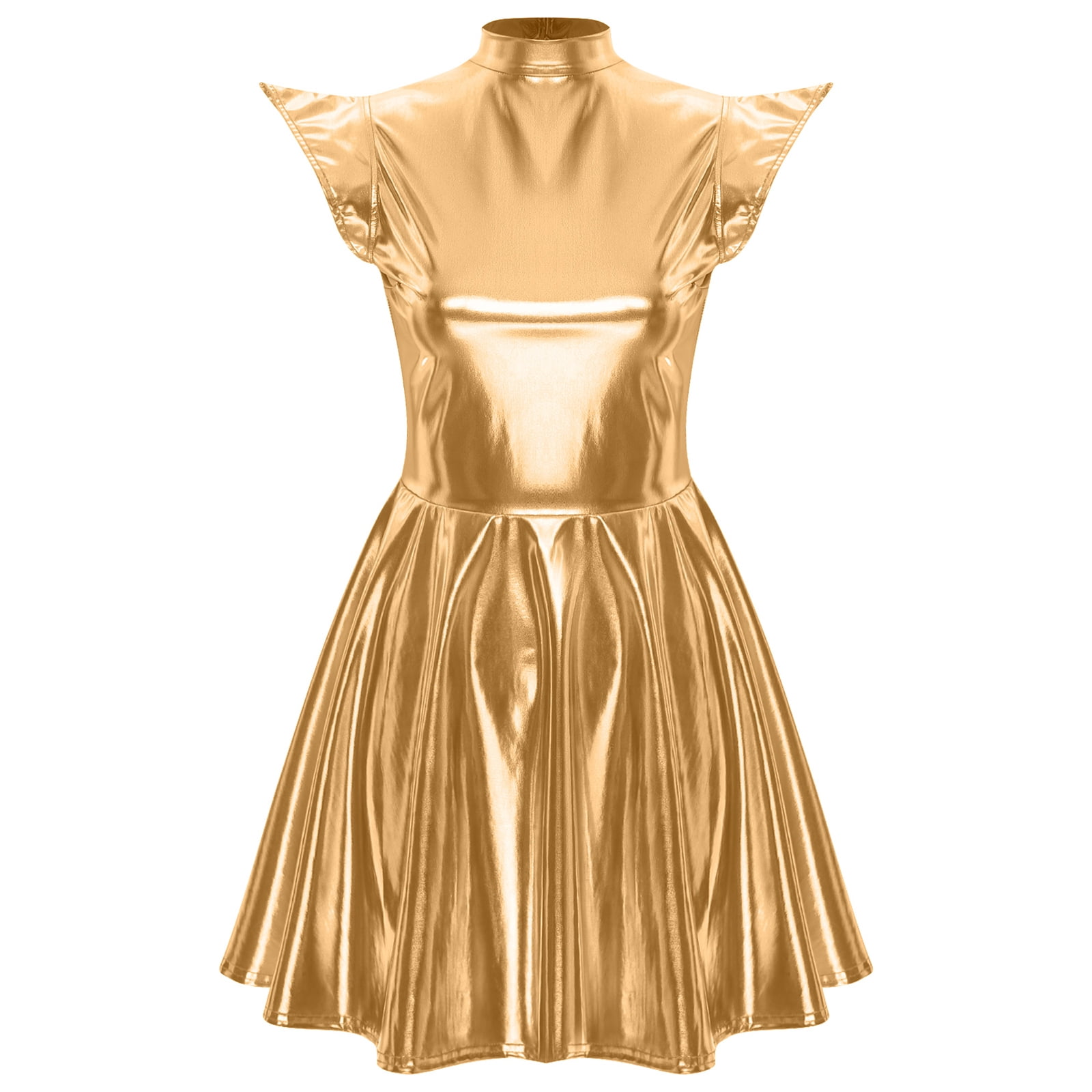 TiaoBug Women's Metallic Sleeveless Club Disco Holographic Dress Wet Look Pleated Dresses Gold XL
