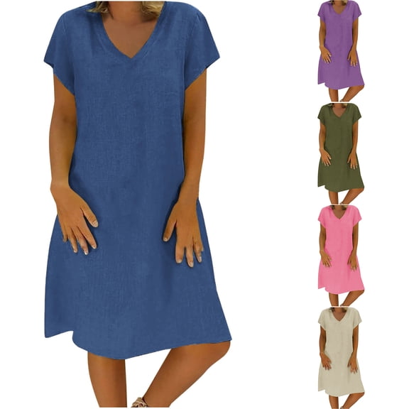 Nkmbld Summer Dresses for Women V-Neck Solid Short Sleeve Linen Dress Knee Long Dress