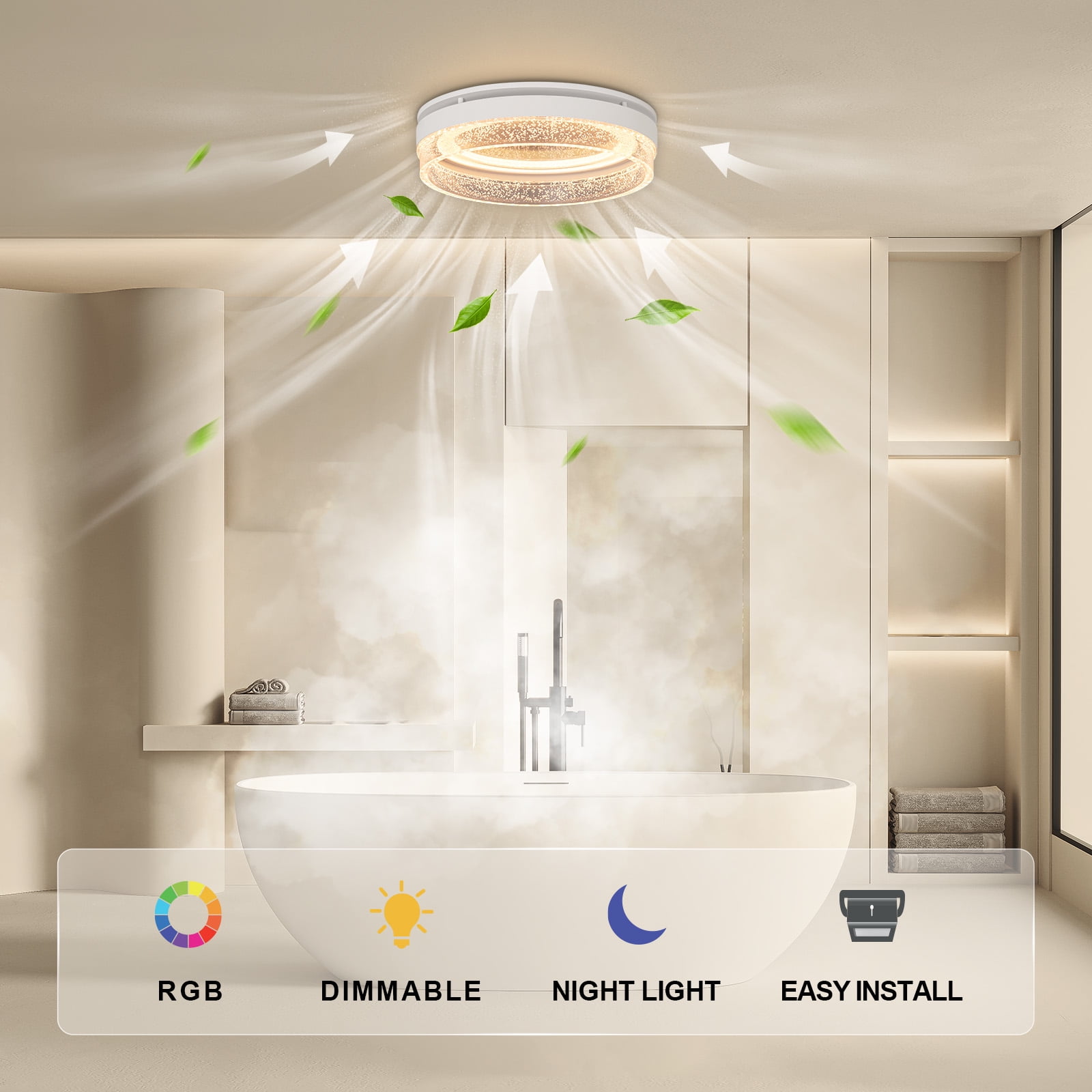 Akicon 110CFM 1.5 Sones Bathroom Exhaust Fan with Light, 1000lm Dimmable 4 - Color Acrylic Starry Sky Light & 2700K Nightlight Ventilation Fan for Home, Round, White