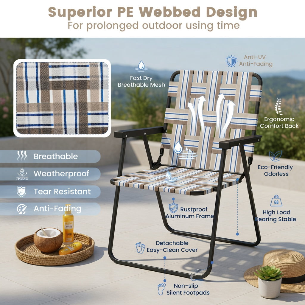 Hommoo 2-Pack Folding Beach Chair for Camping, Lawn & Outdoor Use, Heavy-Duty Steel Frame, Fade-Resistant PE Webbing, Lightweight & Portable, Coffee