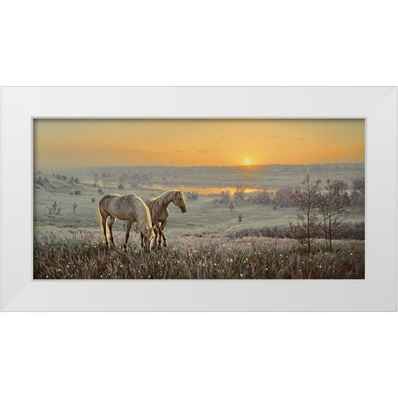 Adamov, Alexey 24x14 White Modern Wood Framed Museum Art Print Titled - Horses by Sunrise