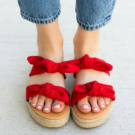 

Women Shoes Summer Sandals Shoes SlipOn Beach Weave Open Breathable Toe Women s Flat Bow Women s Sandals Red 9