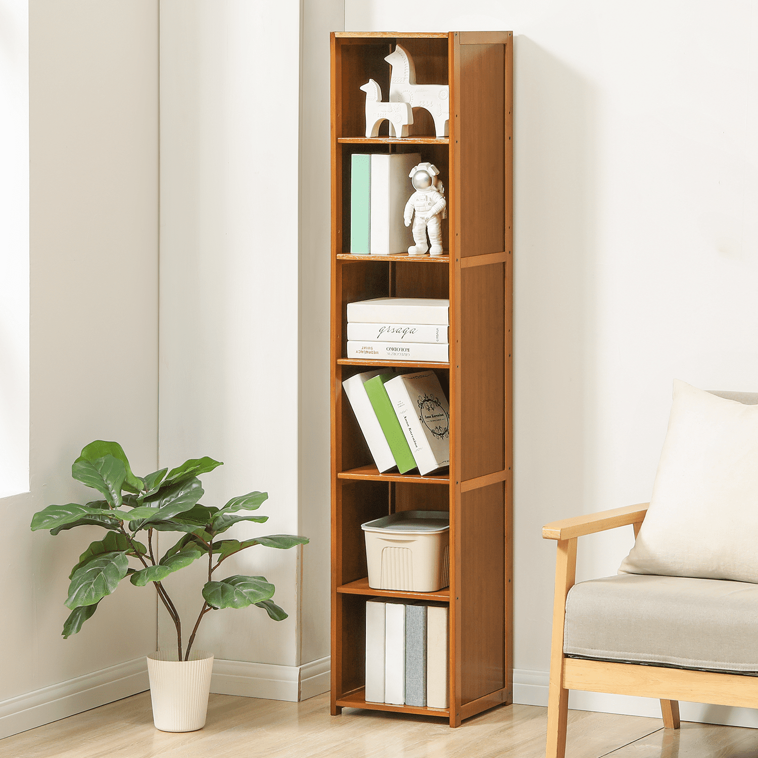 MoNiBloom Bamboo 6 Shelves Modern Bookcase, Free Standing Books Display Bookshelf, Brown, for Home