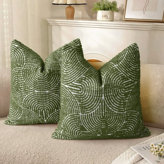 Sunlit Boho Decorative Textured Throw Pillow Covers 18x18, Modern Mid Century Rainbow Tufted Pillow Case, Farmhouse Rustic Geometric Woven Cushion Case for Bed Couch Sofa, Olive Green