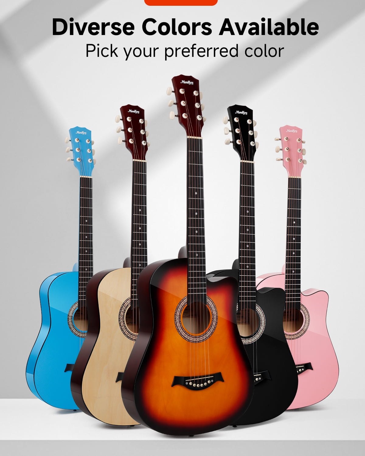 Moukey EAG-100 38" Beginner Acoustic Guitar Starter Kit With Poster, Bag, Strap, Strings And Picks, Natural