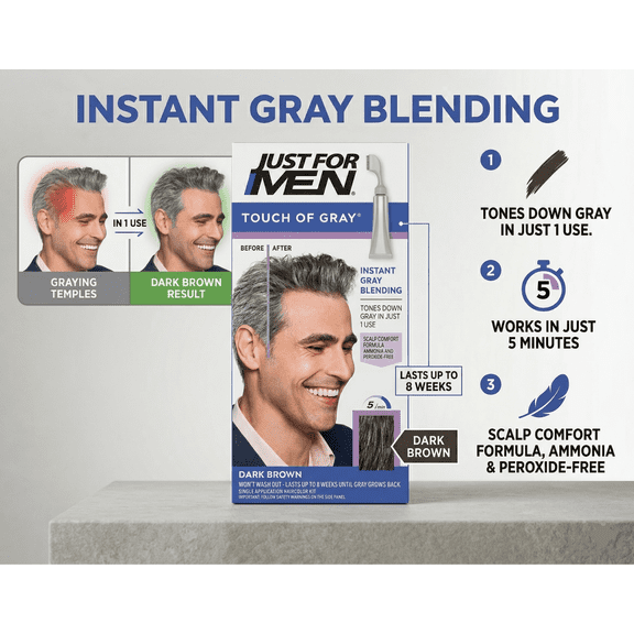 Just For Men Touch of Gray Hair Color Dark Brown Instant Gray Blending Ammonia Free Peroxide Free 1 Application Kit