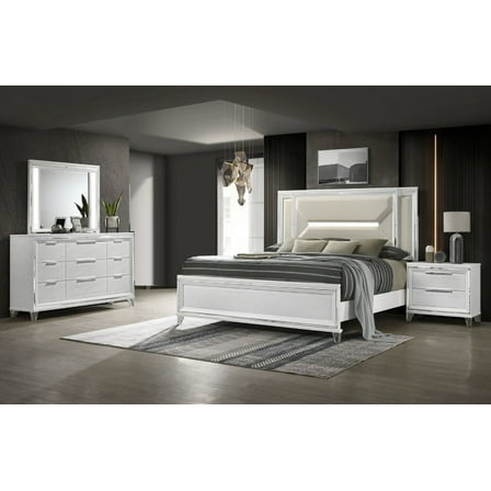 4pc White Panel King Bed Set Upholstery Headboard LED Light Bedroom Furniture