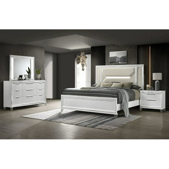 4pc White Panel King Bed Set Upholstery Headboard LED Light Bedroom Furniture