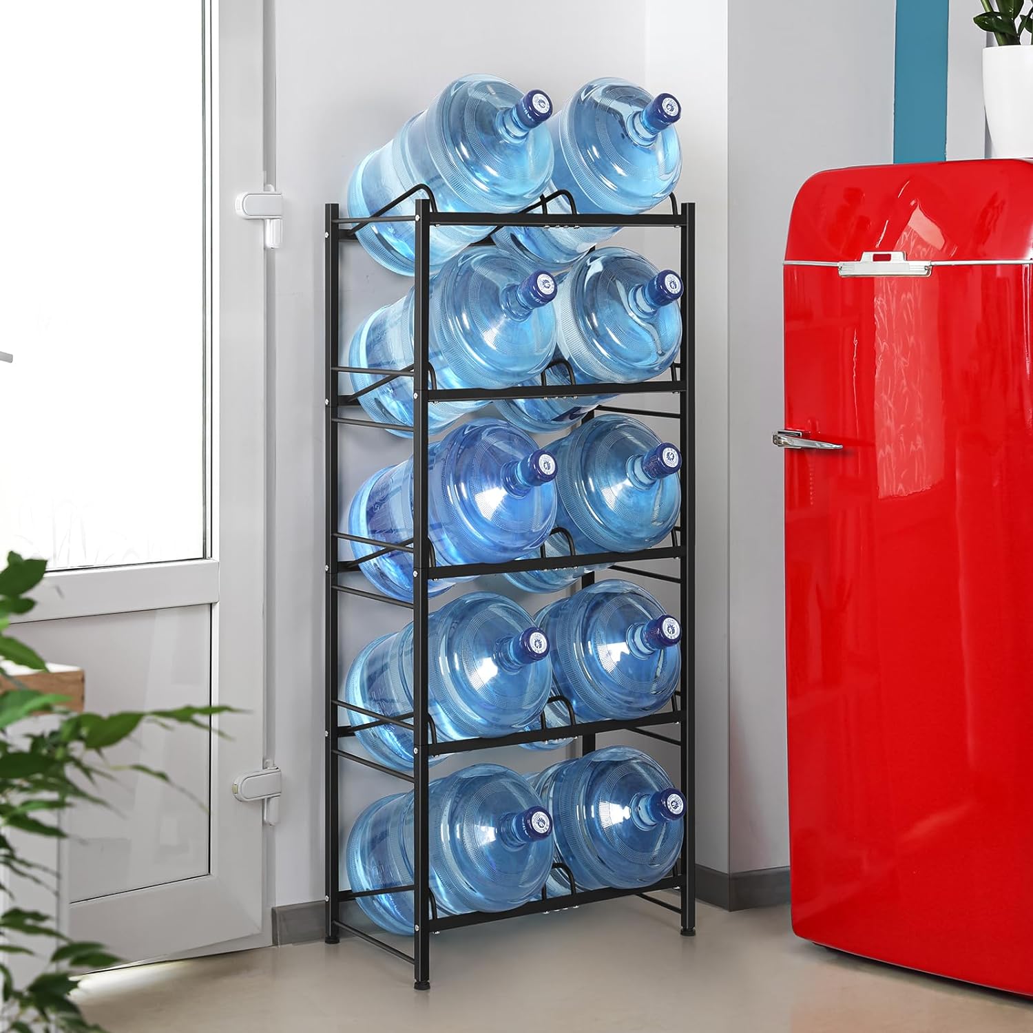 5-Tier Double Row Water Jug Holder – Black Iron Rack For 10 Bottles (55.5 Inch Tall)