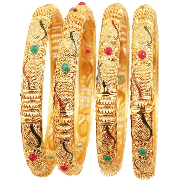 Sunsoul By Touchstone Indian Carved Conch Shell Faux Ruby Emerald Jewelry Bangle 4Pcs. For Women
