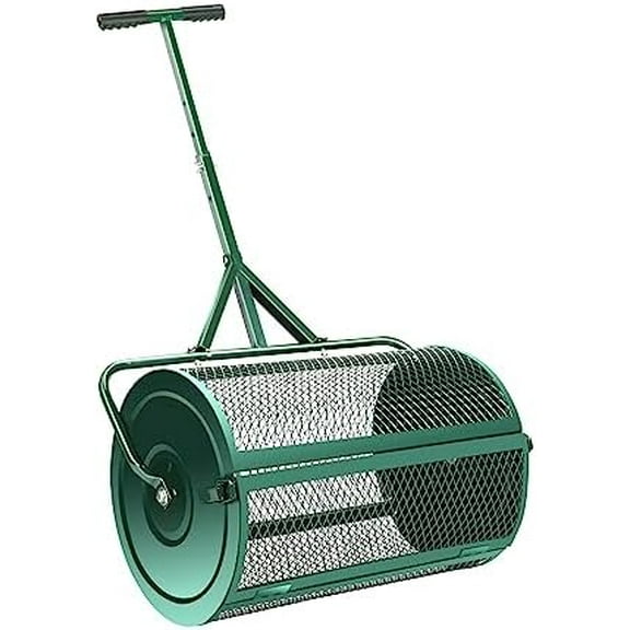 24 Inch Spreaders for Lawns Compost Spreader with Adjustable T Shaped Handle, Peat Moss Fertilizer Spreader Roller Metal Mesh Basket for Lawn and Garden Manure Spreaders Soil Spreader (Green)