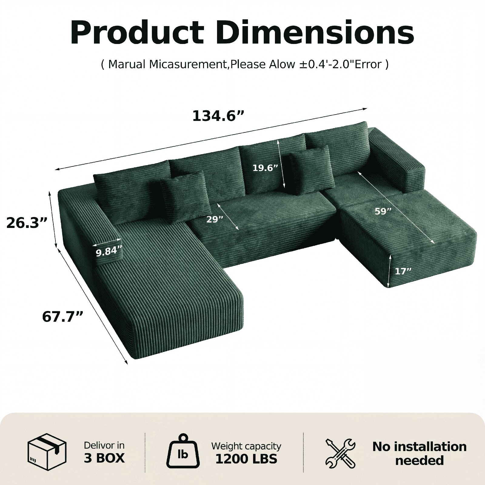 Liaroo 134.7" Sectional Sofa, Boneless Couch, U-Shaped Couches with Chaise No Assembly Required Modular Cloud Sofa for Living Room Apartment Theater Room