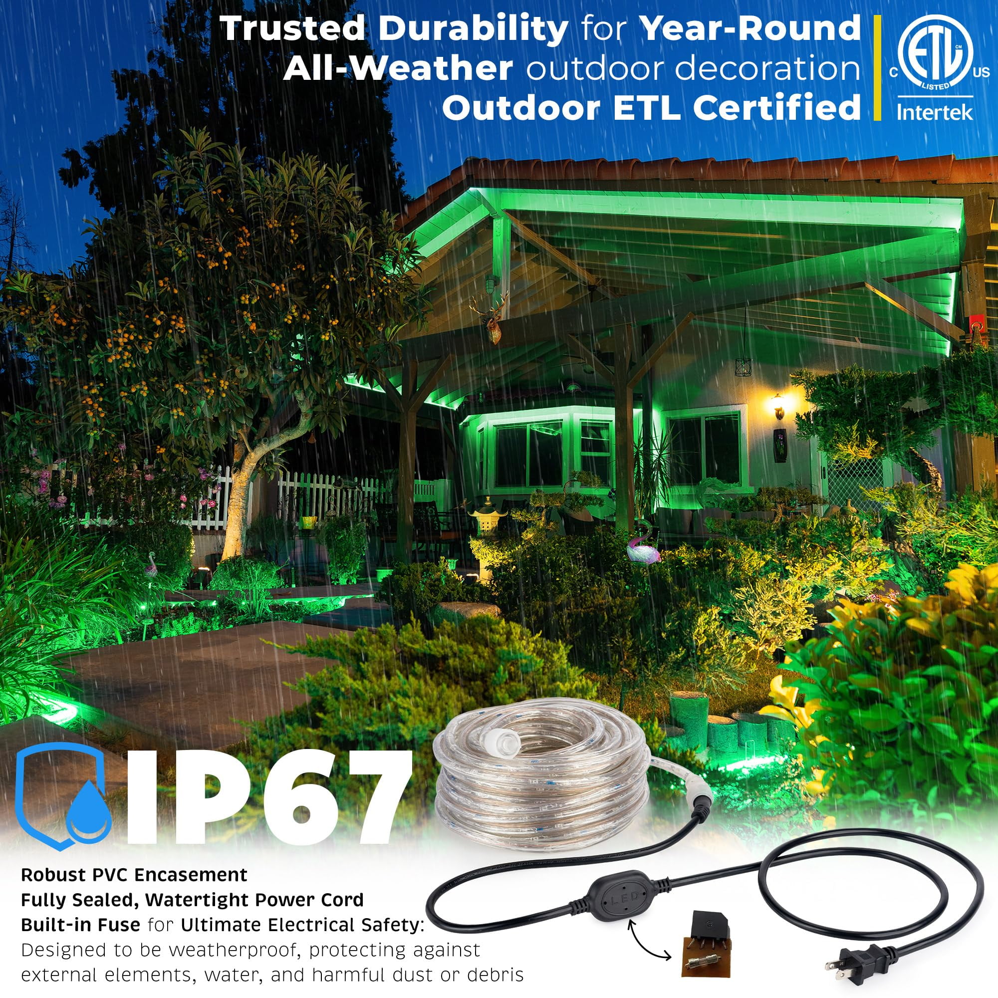 West Ivory 3312LEDs, 300ft LED Outside Rope Lights, Waterproof Permanent Outdoor ETL Certified Connectable Clear Tube, Christmas Palm Tree Holiday Decorative Landscape Patio Accent Lighting - Green
