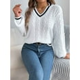 thumbnail image 6 of Women'S Long Sleeve V Neck Cable Knit Sweater 2025 Fall Pullover Top Cute Soft Dressy Casual Outfits White L, 6 of 8