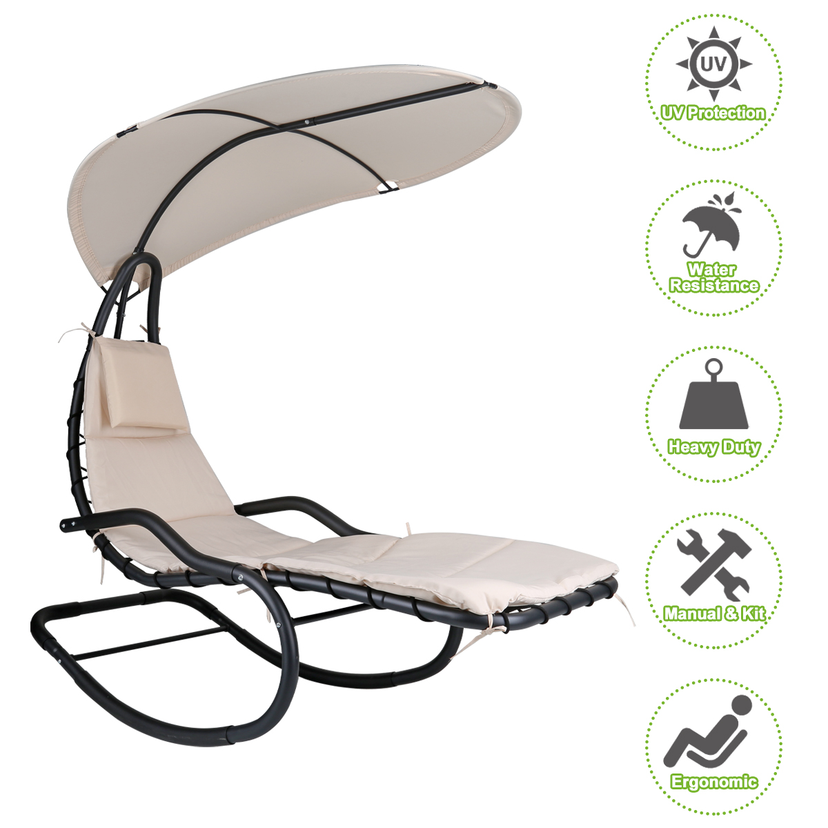 Rocking Hanging Lounge Chair - Curved Chaise Rocking Lounge Chair Swing For Backyard Patio w/ Built-in Pillow Removable Canopy with stand {Beige} - image 5 of 8