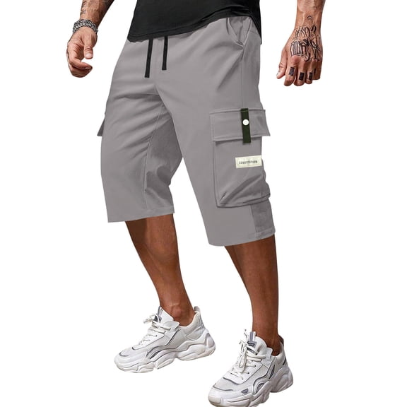 Nestiefly Men's Casual Drawstring Capri Cargo Pants, 3/4 Length Long Drawstring Stretch Elastic Waist Shorts Multi Pockets Below Knee Light Gray XL